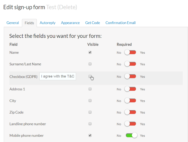 Signup forms enabling Opt-in checkbox