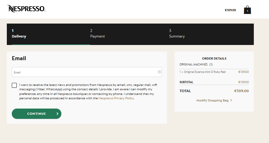 Nespresso ecommerce site - checkout page