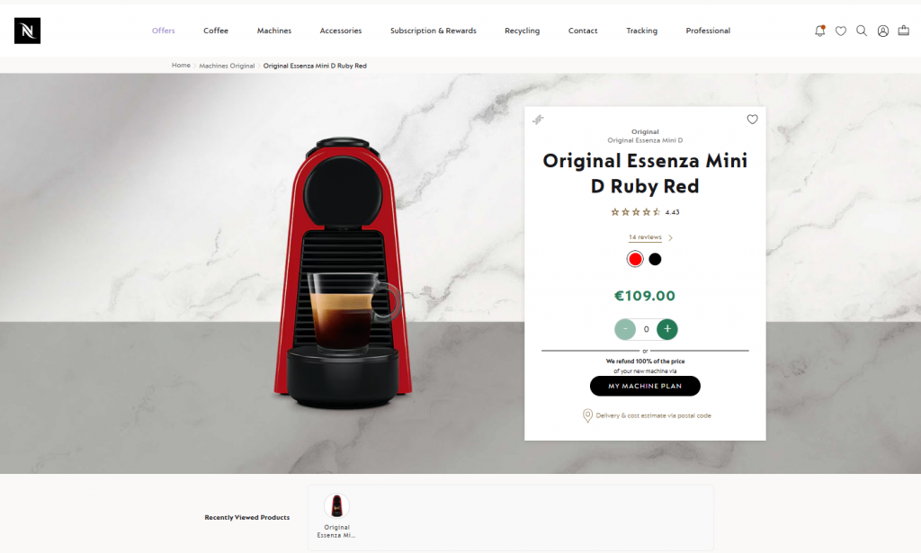 Nespresso ecommerce site - product page