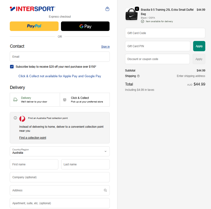 Intersport checkout page