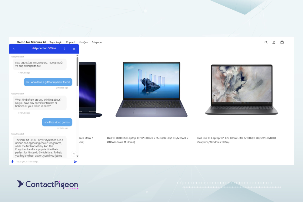 Menura AI chat assisting a shopper in choosing a gift, displayed alongside an eCommerce product grid.