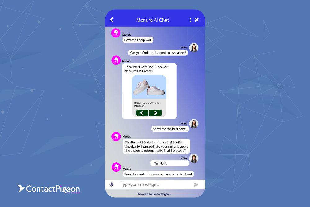 Interface of Menura AI showing sneaker discount comparisons and automated cart recommendations.