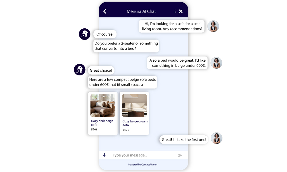 Menura AI recommending sofas for a small living room